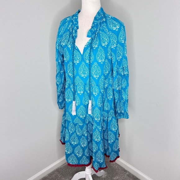 NWT Tuckernuck Tropical Teal Blue Lantern Caftan Cotton Dress M - Picture 3 of 8